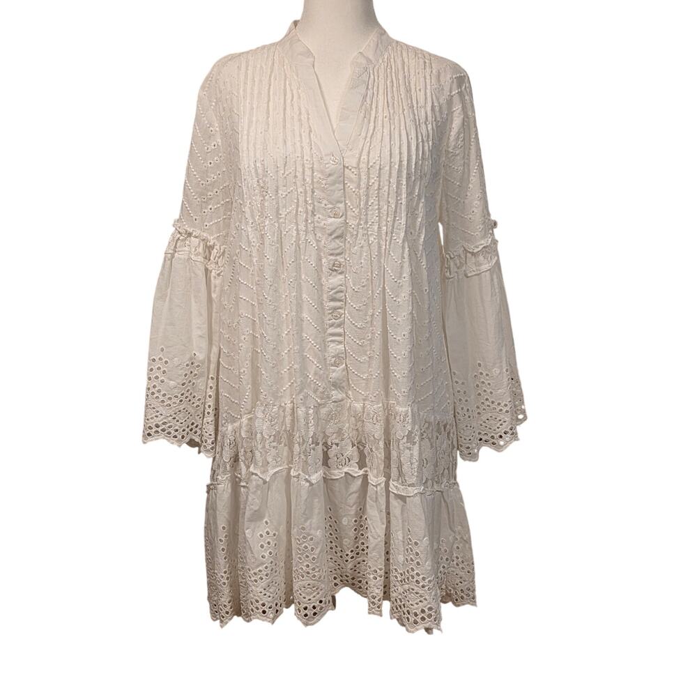Babydoll Dress Blanco De Ibiza by Isabel Tavares White Lace Eyelet Pleated OS